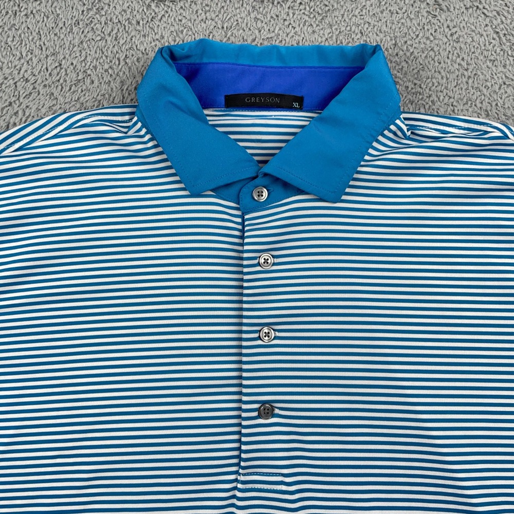 Greyson Shirt Mens XL Blue Striped Performance Golf Polo Short Sleeve Athletic